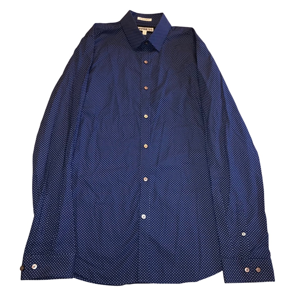 Express Mens Extra Slim Fit Navy Blue Polka Dot Button Shirt L Business Casual